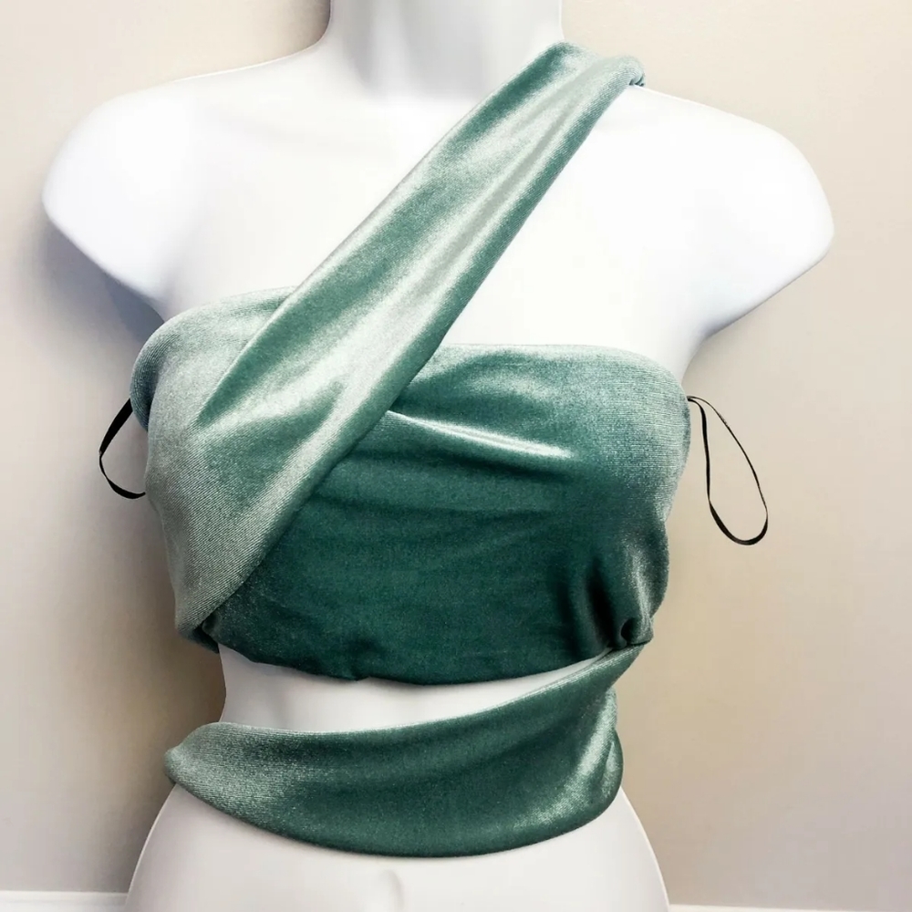Velvet Multi Way Tie Front Cropped Top Tube Top Medium Green